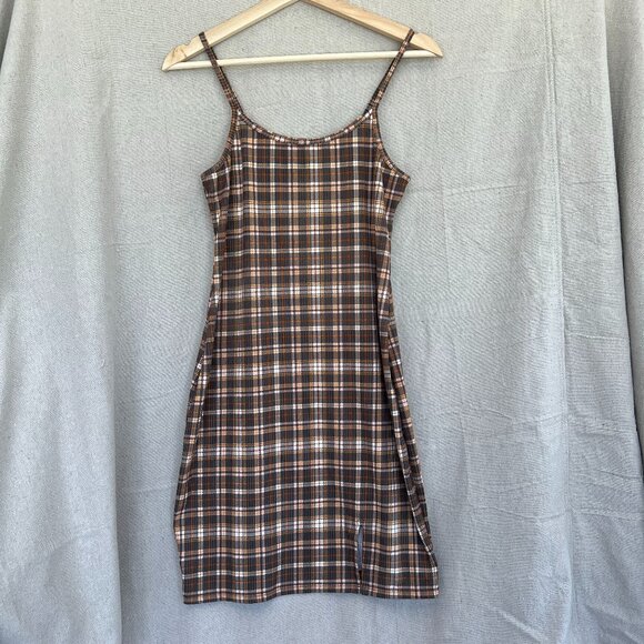 Just Polly Plaid Dress Large Brown Check Knit Pull-on Jumper 90's Y2K Bodycon - Picture 1 of 8